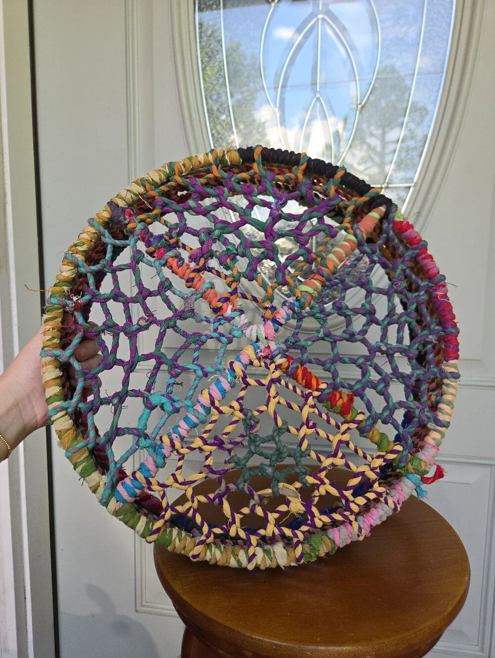 Jute Wrapped Tray Basket Recycled Fabric Multicolor